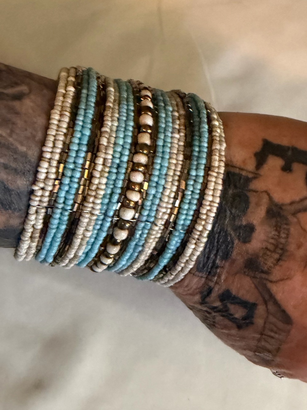 Hand Crafted Wide Boho Turquoise, Bone and Brass Beaded Wrap Cuff Bracelet